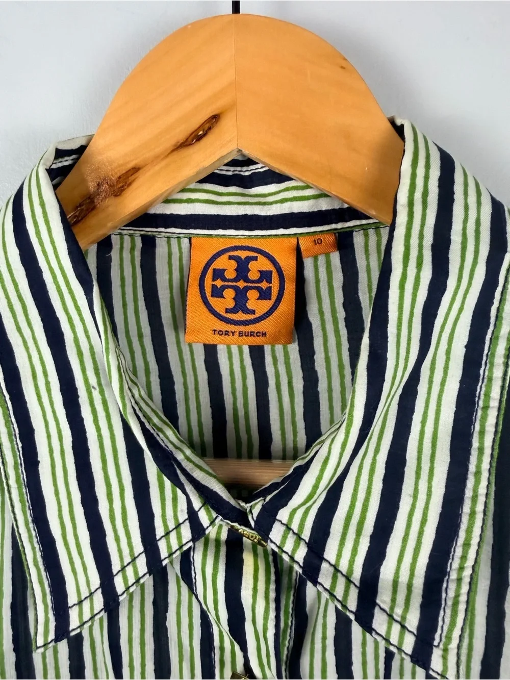 Tory burch green navy white stripe button down blouse with gold detail size 10